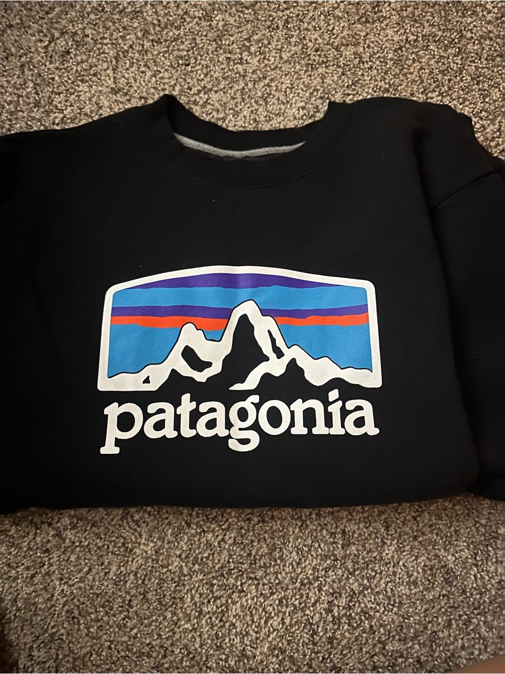 Patagonia Black Crewneck with Blue, Purple & Orange Logo